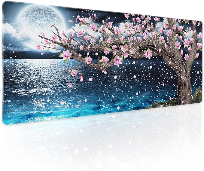 Japanese Pink Floral Gaming Mouse Pad XL Sakura Cherry Blossom Magnolia Tree Blue Ocean Moon Night Extended Big Large Desk Mat Non-Slip Rubber Base Stitched Edge Long Keyboard Mousepad 31.5×11.8 in