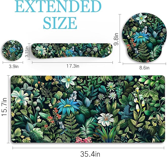 LIMKRIAN Floral Mouse Pad Large Desk Mat Set, Green Ergonomic Mouse Pad with Wrist Rest Keyboard Wrist Support XXL Mousepad Cup Coaster Set, Cute Green Office Desk Accessories Decor Supplies