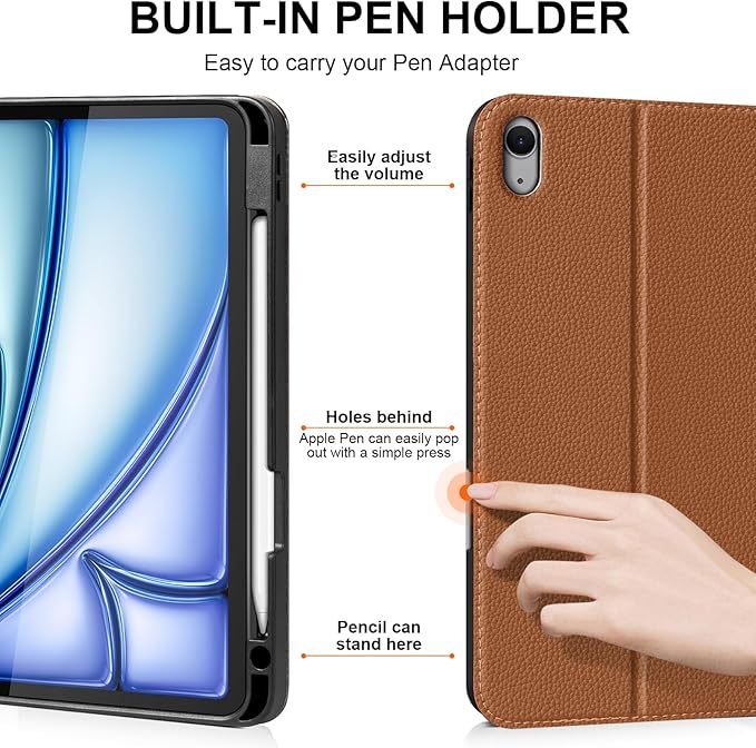 Leather Case for iPad Air 11" M4/M3/M2 (2026/2025/2024) & 10.9" 5th/4th Gen (2020/2022) with Pencil Holder & Buckle, Auto Wake/Sleep, Shockproof Adjustable Stand,Brown