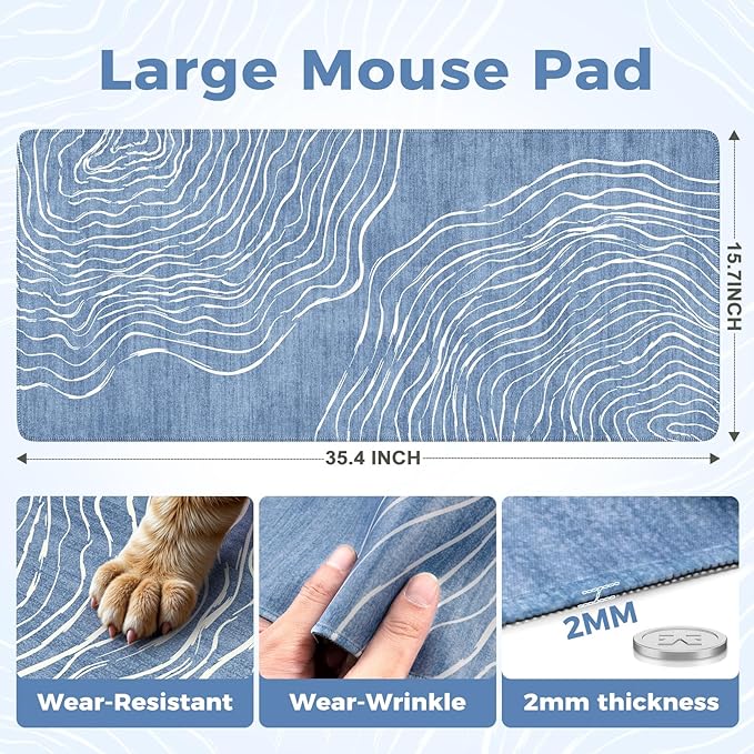 iCasso Desk Cover Mat,Extended Long Mouse Pad for Laptop,Aesthetic Computer Pad with Stitched Edges,Non Slip Keyboard Mat for Desktop,Cute Blue Desk Protector for Office Home School