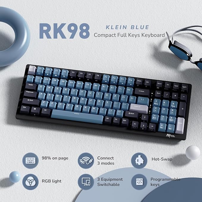 RK ROYAL KLUDGE RK98 Wireless Mechanical Keyboard, 100 Keys 98% Layout with Custom Switches Hot Swappable, Tri-Mode BT5.1/2.4G/USB-C Full Size Gaming Keyboard with Numpad RGB, Brown Switch