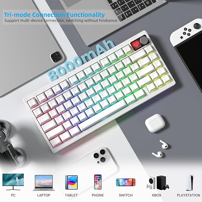 Womier 75% Wireless Mechanical Gaming Keyboard with Knob & Dot-matrix Display Bluetooth5.0/2.4GHz/USB C Thocky Creamy Keyboard for PC Computer, 8000mAh Battery Jelly key board for Win/Mac (MT75-White)