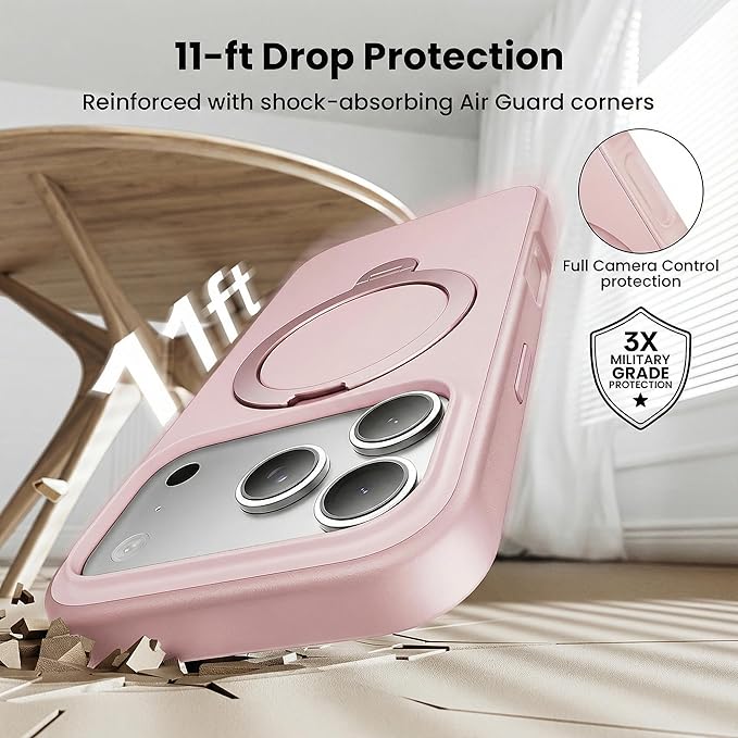 360°Ring Stand for iPhone 17 Pro Max Case, Compatible with MagSafe, Military-Grade Protective,Anti-Yellowing, Scratch-Resistant Back Cover Phone Case for iPhone 17 Pro Max 6.9", Light Pink