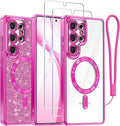 Meifigno Case Designed for Samsung Galaxy S25 Ultra 6.9 inch, [Compatible with MagSafe] [2X HD Screen Protectors] [Glitter Card & Wrist Strap] Full Lens Protection Case for Galaxy S25 Ultra, Hot Pink