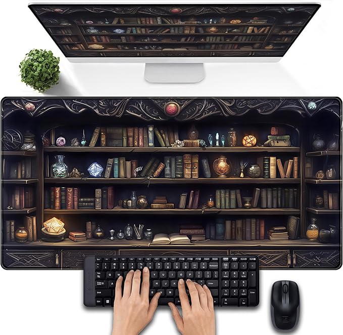 Gaming Desk Mat Large Mouse Pad, Magical Bookshelf Desk Pad Extended Mouse Mat XXL, Keyboard Pad for Gaming Office Home, Full Desktop Computer Pad Dark Academia Desk Decor for Man 31.5" x 15.75"