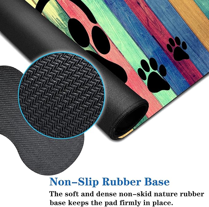 3 Piece Mouse Pad Set with Stitched Edge Large Anti-Slip Mouse Pad Desk Pad Keyboard Pad + Wrist Rest Pad + Coaster, Memory Foam Wrist Rest for Office/Home - Rustic Rainbow Woodgrain Dog Paw