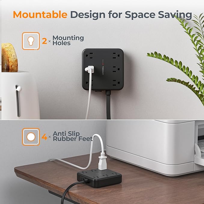 TESSAN 5Ft Black Extension Cord with Multiple Outlets, Surge Protector Power Strip with 6 Outlets and 4 USB Ports (2 USB C), 2100 Joules Protection, Flat Plug, Outlet Extender for Home, Office, Dorm
