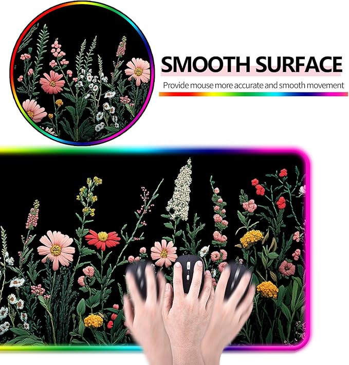 RGB Pretty Wildflower Gaming Desk Mat, Computer Keyboard Large Extended Flowers LED Mouse Pad for Office and Home, 31.5×11.8 Inches, XL