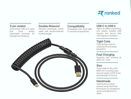 Ranked Coiled Keyboard Cable | Handcrafted Double-Sleeved Braided Cable | USB Type C to A | 5-Pin Aviator Connector for Custom Mechanical Gaming Keyboard | Support Fast Charge 20W (Black)