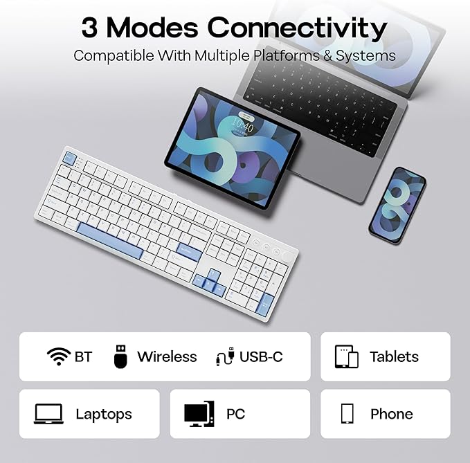 MechLands Vibe108 Full Size Mechanical Keyboard with Knob & Multimedia Buttons, Wireless Gaming Keyboard with 10000mAh Battery, RGB Backlits, 104 Keys Hot Swappable, Custom Driver (Cream Mint Switch)