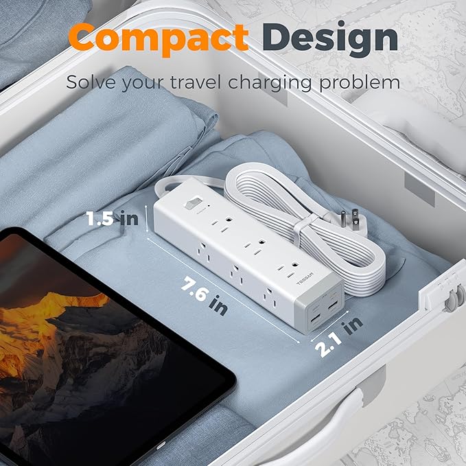 TESSAN Surge Protector Power Strip PD 20W, Ultra Thin Flat Plug 15 FT Extension Cord, 9 Outlets 4 USB(2 USB C), 1050J Protection Multiple Outlets Charging Station for Home, Office, College Dorm Room