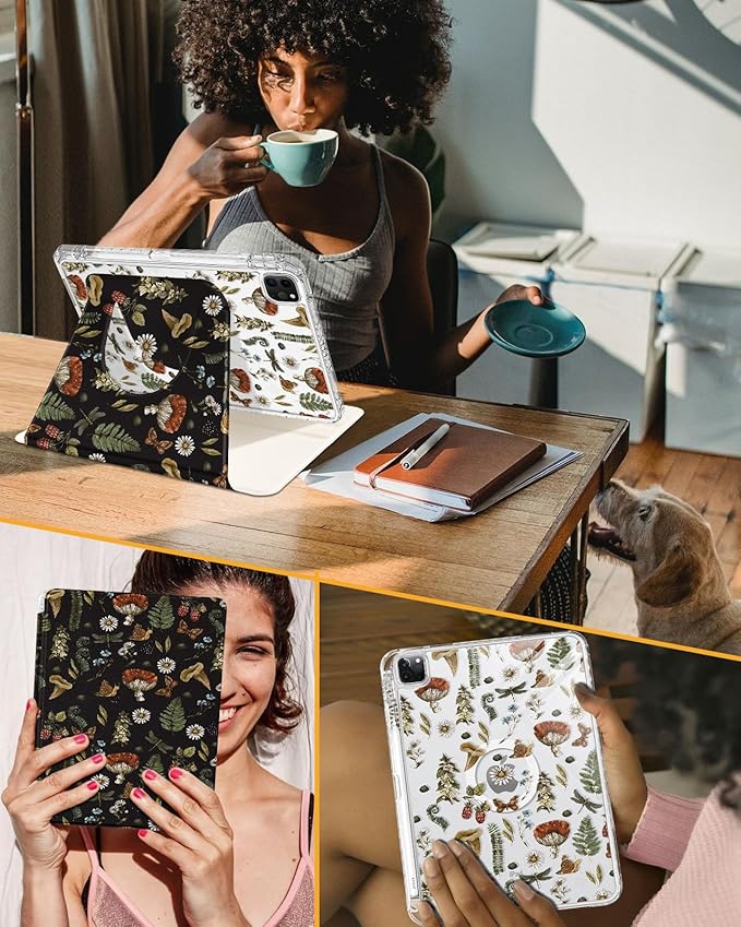 Shorogyt for iPad Air 13 Inch(M4) 2026/ M3 2025 & M2 2024 /for i Pad Pro 12.9 inch (3/4/5/6th Gen) for Magnetic Stand for Women - Cute Design 360 Rotating Covers Girls with Pencil Holder, Mushroom