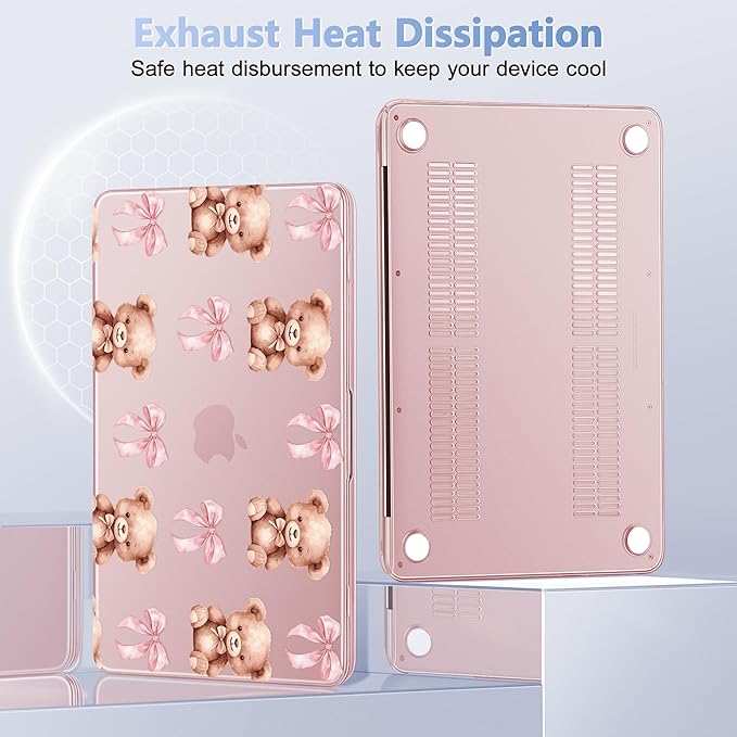 Case for 2026 MacBook Neo 13-inch Laptop with Liquid Retina Display, Release Model A3404, Sturdy Plastic Hard Shell Case + Keyboard Cover + Trackpad Film + Dust Plug, Teddy Bears & Pink Bows
