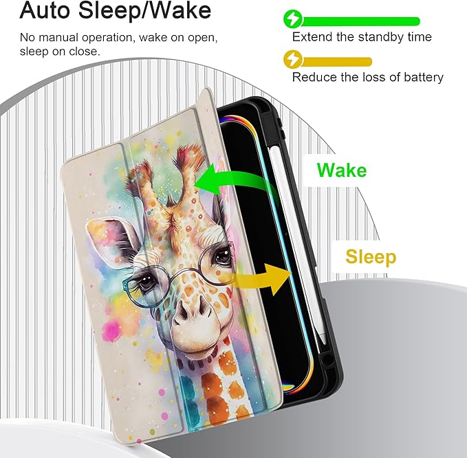 MEEgoodo Case for M5 iPad Pro 11 inch 2025/M4 iPad Pro 11 inch Case 2024, Tablet Cover with Trifold Stand & Pencil Holder & Auto Wake/Sleep & Soft TPU Back Cover, Giraffe