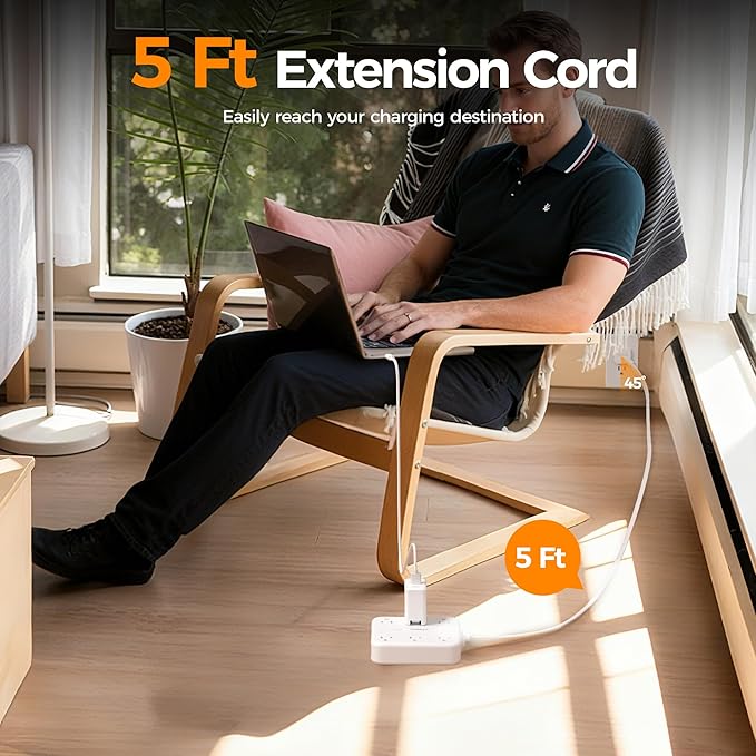 TESSAN 5Ft Grey Extension Cord with Multiple Outlets, 2100J Surge Protector Power Strip with 6 Outlets and 4 USB Ports (2 USB C), 1875W 15A, 20W Multi Outlet Extender for Home, Office, Dorm