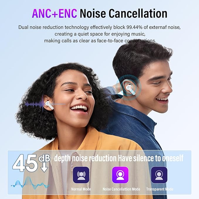Wireless Earbuds, Bluetooth 5.4 Headphones with Multifunctional Touch Screen, 48H Bass Stereo Ear Buds with ANC/ENC Noise Cancelling/Transparency Mode, IPX7 Earphones with 5 EQ Modes, Milky White