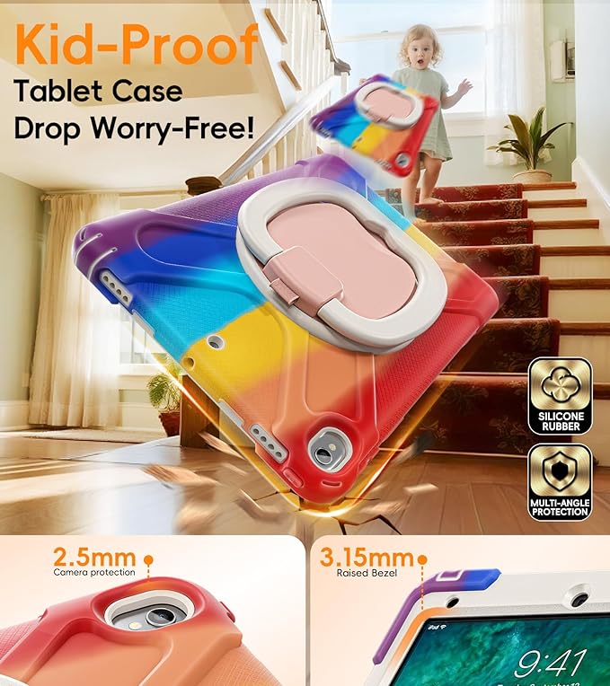 BATYUE case for iPad Air 3rd Gen 2019 & iPad Pro 10.5" 2017, Heavy Duty Rugged Protective Cover with 360° Swivel Stand, Shoulder Strap & Pencil Holder - for Business, Outdoor, Kids - Colourful Red