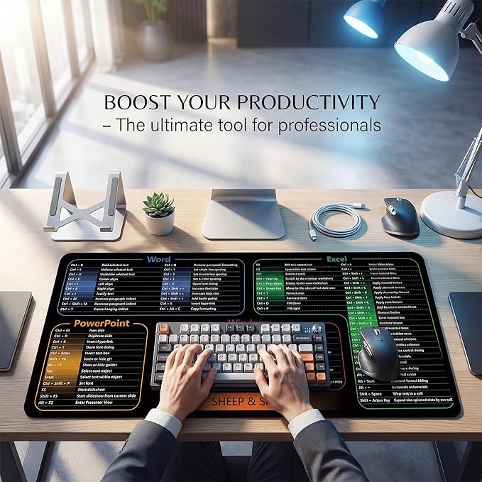 Excel Shortcut Keys Mouse Pad, Extended Large Desk Mat (31.5x11.8 Inch) with Non-Slip Base & Washable Surface for Gaming, Computer, Office Desk