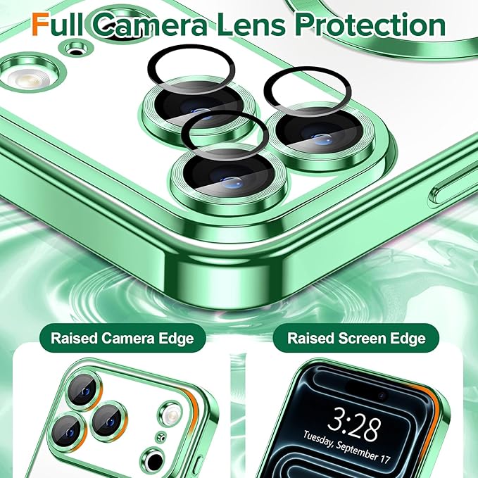 Hython Magnetic Clear for iPhone 17 Pro Max Case with Camera Lens Protector [Compatible with MagSafe] Plating Edge Slim Soft TPU Cover Protective Phone Case for iPhone 17 Pro Max 6.9", Light Green