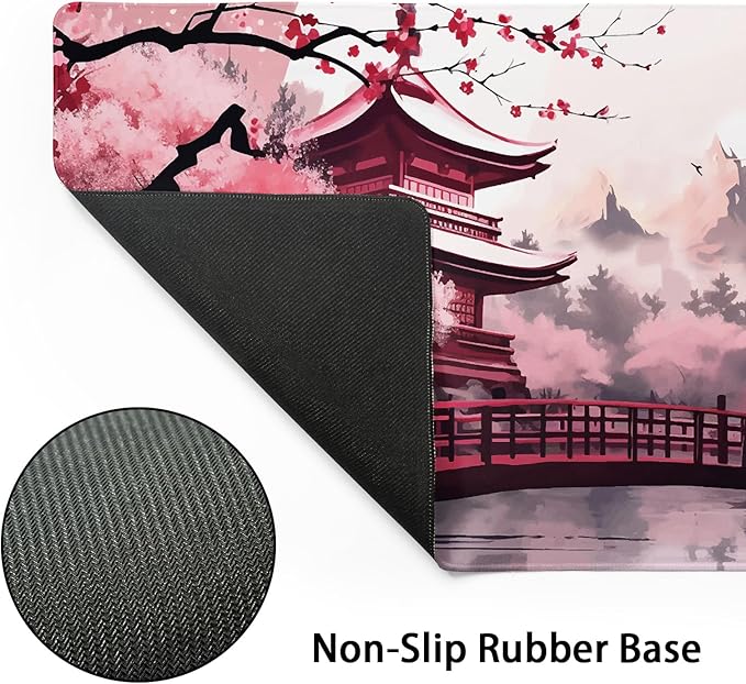 Pink Japanese Cherry Blossom Large Mouse Pad XXL Sakura Forest Tree Sun Tower Mountain Extended Large Desk Mat Big Desk Pad 90X40 CM Non-Slip Rubber Base Stitched Edge Long Mousepad,35.4 x 15.7 Inch