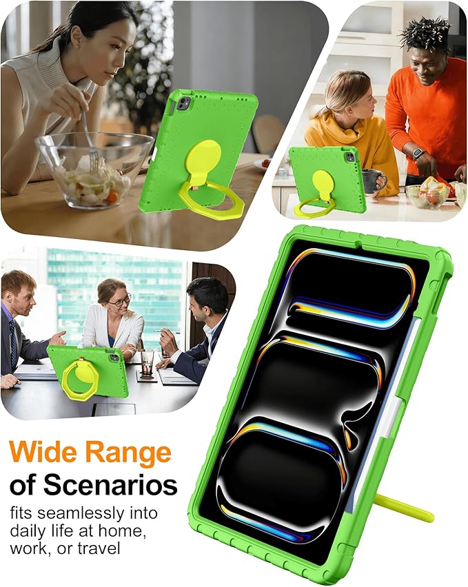 for iPad Air 13 Inch Case (M4 2026 / M3 2025 / M2 2024), Heavy Duty EVA Protective Cover with Magnetic Charging Pencil Holder, 360° Rotating Stand, for Kids, Work & Travel, Green