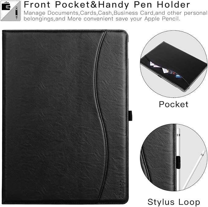 Ztotop Case for iPad Pro 12.9 inch 2017/2015 (Old Model, 1st & 2nd Gen), Premium Leather Folding Stand Folio Cover with Auto Wake/Sleep, Document Card Slots and Multiple Viewing Angles, All Black
