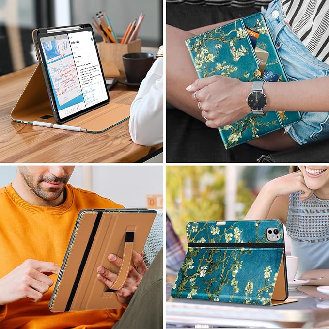 DTTO for iPad Pro 13 inch Case (M5/M4) 2025/2024, Premium Leather Business Folio Stand Cover with Pencil Holder - Auto Wake/Sleep & Multiple Viewing Angles, Built in Hand Strap & Pocket, Blossom