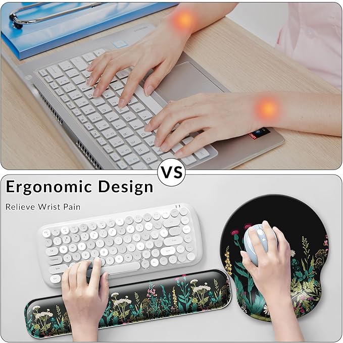 Desk Mat Set + Keyboard and Mouse Pad with Wrist Rest Support,4-in-1 Large Mousepad Computer Mats for Desktop Home & Office-Floral Flowers