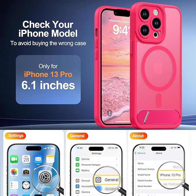 Magnetic Compatible with iPhone 13 Pro Case, [Built-in Kickstand][Full Camera Protection][Compatible with MagSafe][Anti-Fingerprint] Shockproof Phone Case for iPhone 13 Pro 6.1",Hot Pink