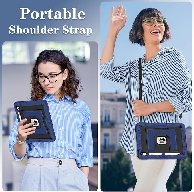 Kids Friendly Case for iPad A16 11th Generation 11 Inch 2025 / iPad 10th Generation 10.9" 2022 Case with Pencil Holder & Shoulder Strap, Hybrid iPad 11 10 Cover Rugged Shockproof Kickstand,Blue+Black