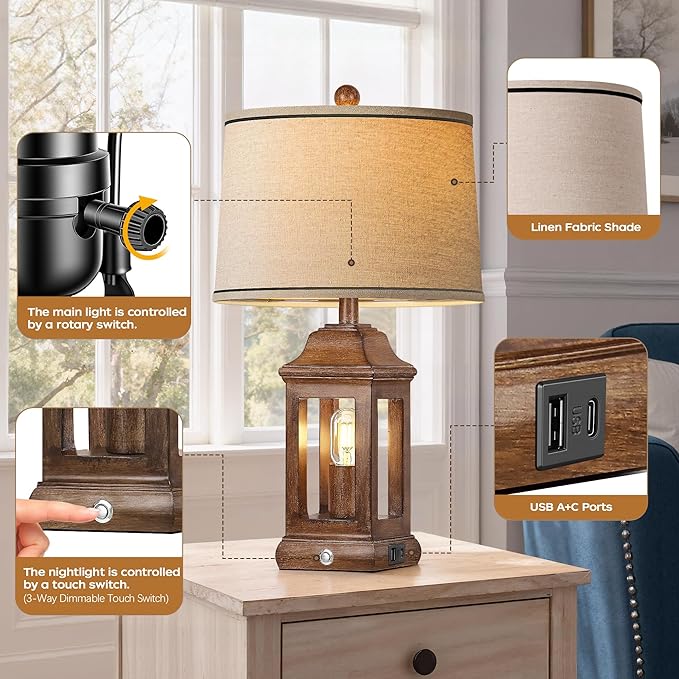 24" Rustic Farmhouse Table Lamps for Living Room, Single Pack Touch Dimmable Nightlight Vintage Bedside Lamps with USB A+C Ports & Dual Light Sources for Bedroom Nightstand End Table, Wood Grain