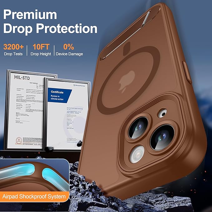Magnetic Compatible with iPhone 15 Case, [Built-in Invisible Kickstand][Compatible with MagSafe][Full Camera Protection] Translucent Matte Phone Case for iPhone 15 6.1" Brown