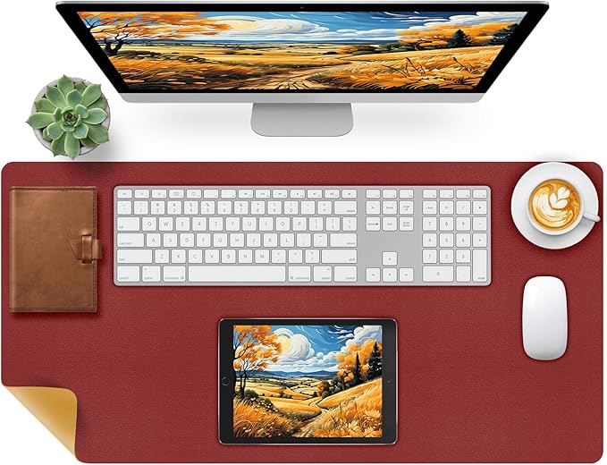 Bloss Red Leather Desk Mat Protector,Large Mouse Pad,Dual-Side Use Mouse Pads,Office Desks Mats,Laptop Protector Desks Mat,Waterproof Dual-Side Desk Keyboard/Writing Pad for Office/Home.31.5"x 15.7"