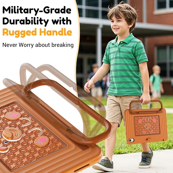 KAIJIAbox Kids Case for iPad A16 11th Generation 11 inch 2025/10th Generation 10.9” 2022- Military-Grade Rugged Drop Protection with Metal Handle/Stand, Screen Protector,Shoulder Strap-Brown