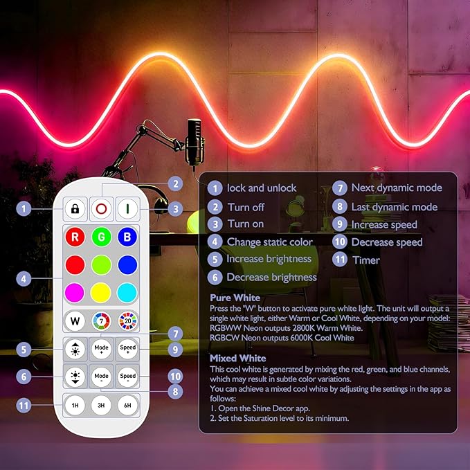 Shine Decor 24V Smart Neon Rope Lights, RGBW Silicone Neon Light Remote APP WiFi Control Music Sync, RGB+Warm White Changing Dimmable LED Neon Strip 16.4FT Flexible Waterproof for Indoor Outdoor