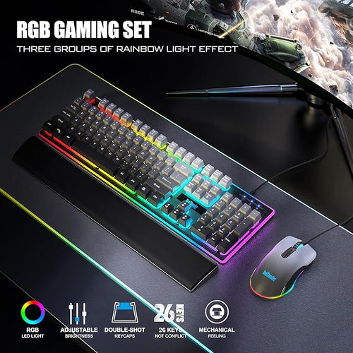 RedThunder K10 Wired Gaming Keyboard, Mouse Wrist Rest Combo, RGB Backlit, Mechanical Feel Anti-ghosting Keyboard + 7D 7200 DPI Mice+Soft Leather Wrist Rest 3 in 1 PC Gamer Accessories(Gradient Gray)
