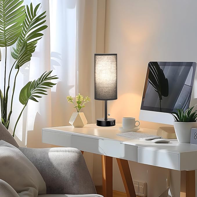 PartageiZ Black Bedside Lamps for Bedroom Set of 2 - Nightstand Table Lamp with USB Charging Port, Pull Chain Night Stand Light, Side Table Desk Reading Lamp for Living Room/Dorm/Bathroom/Kitchen