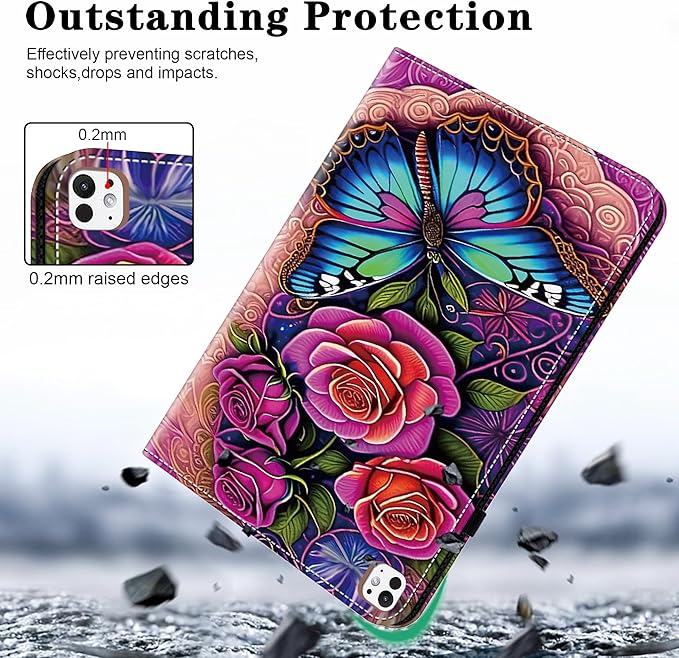Case for iPad Pro 11 inch Case (M5/M4) 2025/2024, Premium Leather Folio Stand Cover with Auto Wake/Sleep, Pencil Holder and Card Slots - Colorful Butterfly