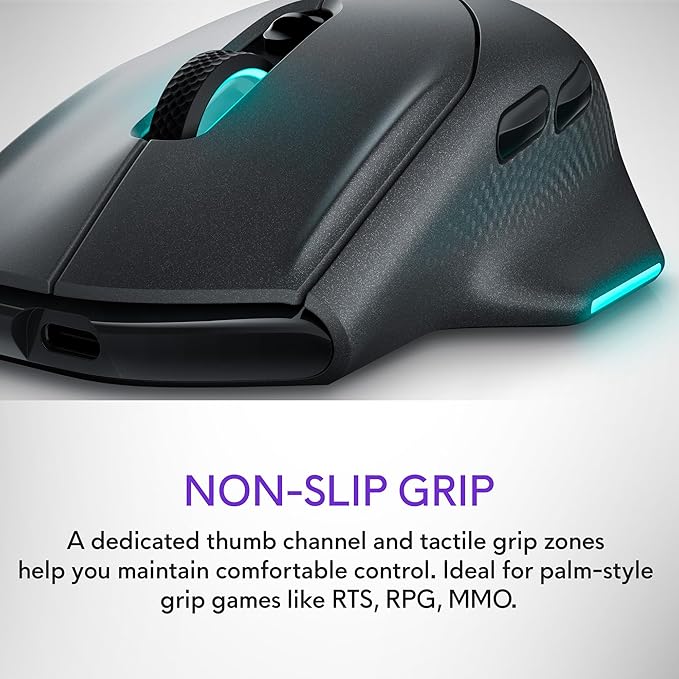 Alienware Wireless Gaming Mouse AW620M - Wireless/Wired, 1 x USB - 4 pin USB Type A, 26000 dpi, 3.52oz (99g) Weight, 7 Buttons, Non-Slip Grip, up to 140 Hours of Gaming - Dark Side of The Moon
