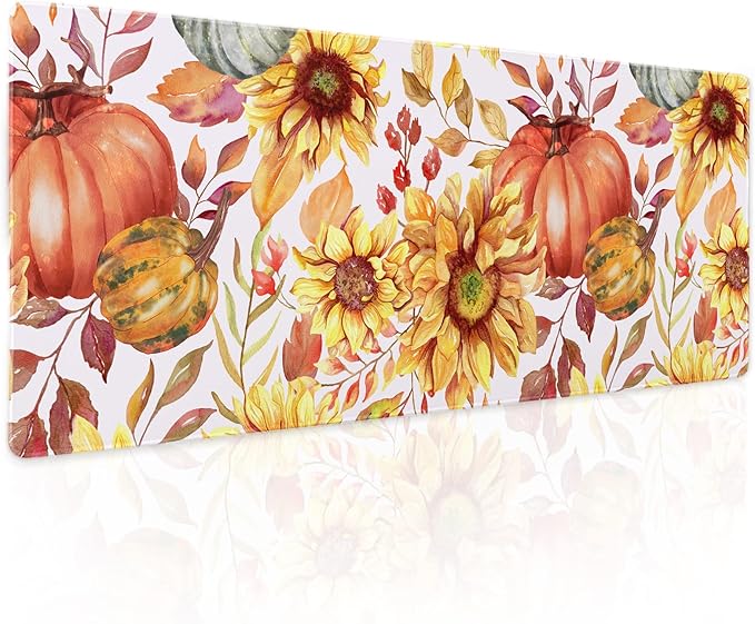 Fall Pumpkin Sunflowers Mouse Pad XL Watercolor Retro Autumn Leaves Floral Extended Desk Mat Non-Slip Rubber Base Stitched Edge Large XL Thanksgiving Mousepad for Desk Gaming Laptop,31.5×11.8 in