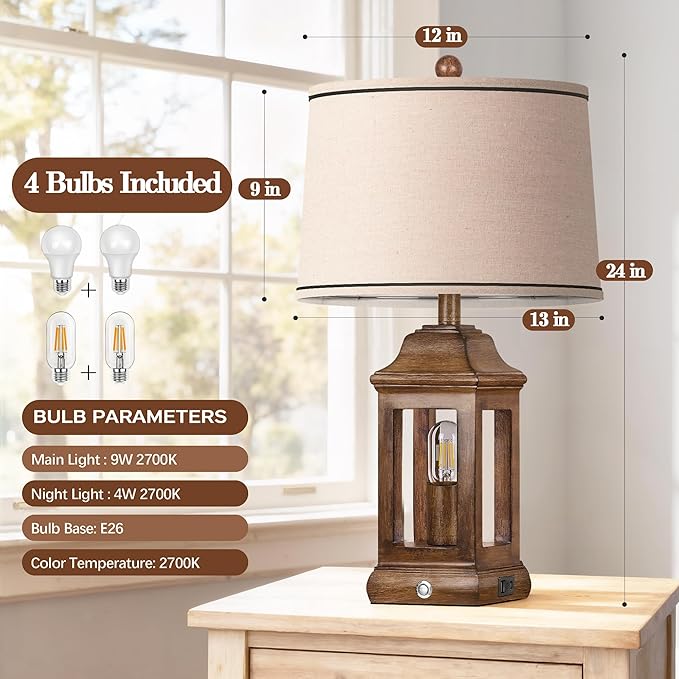 24" Rustic Farmhouse Table Lamps for Living Room, Single Pack Touch Dimmable Nightlight Vintage Bedside Lamps with USB A+C Ports & Dual Light Sources for Bedroom Nightstand End Table, Wood Grain