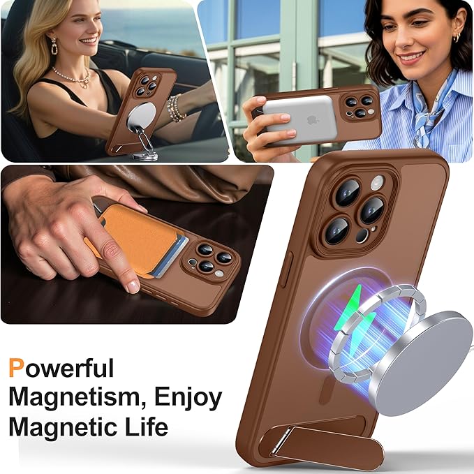Magnetic Compatible with iPhone 15 Pro Max Case, [Built-in Kickstand][Full Camera Protection][Compatible with MagSafe][Anti-Fingerprint] Shockproof Phone Case for iPhone 15 Pro Max 6.7",Brown