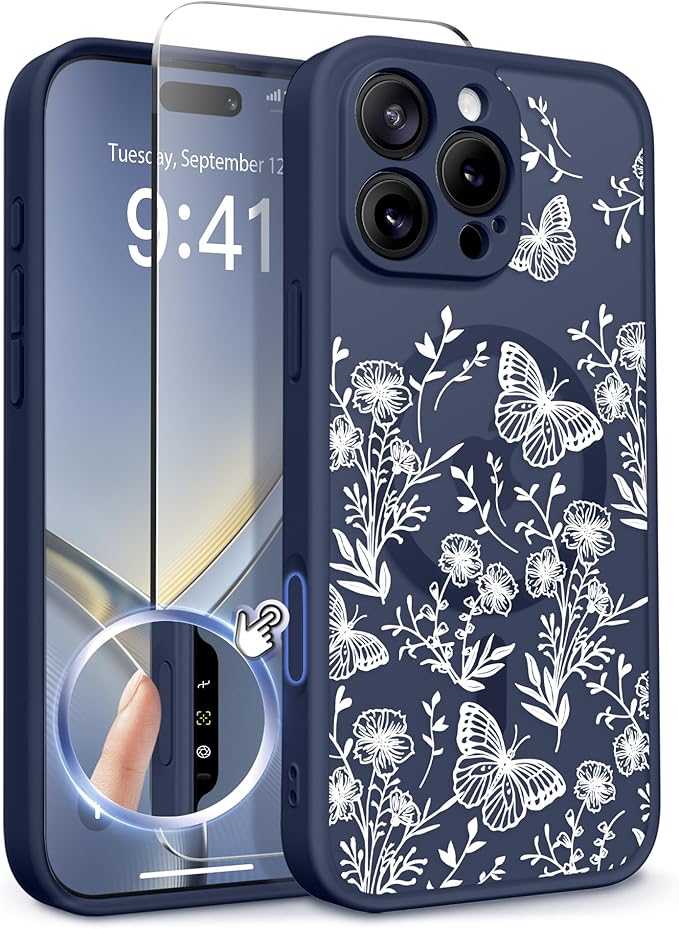 GVIEWIN for iPhone 16 Pro Max Case Compatible with MagSafe, [Military Grade Protection] [Screen Protector] Full Camera Protection Floral Translucent Women Magnetic Phone Case, Tuberose/Blue