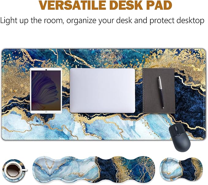 Upgraded Extended Gaming Mouse Pad, Keyboard Wrist Rest Pad, Wrist Support Mousepad Set, Artso Large Stable Rubber Base Stitched Edges, Multifunctional Desk Pad (35 x15.5 in), Blue Marble