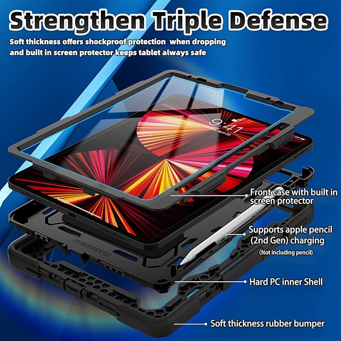 for iPad Pro 11 Case 4th 3rd 2nd 1st Gen (2022 2021 2020 2018) with Screen Protector,iPad Air 5th 4th Generation 10.9 inch Case for Kids with 360 Stand Hand/Shoulder Strap