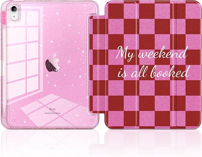 DONGKE for iPad Pro 11 inch Case – Fits M5 2025 / M4 2024, Shockproof Sparkling Glitter Acrylic Back, Pencil Holder, Trifold Stand, Auto Sleep/Wake & Touch ID Support - Red Checkerboard