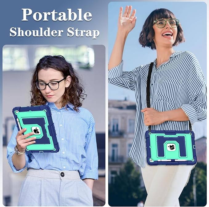 Kids Friendly Case for Apple iPad 10.2" 9th 8th 7th Generation 2021/2020/2019 Case with Pencil Holder & Shoulder Strap, Military Grade Shockproof Kickstand Hard Shell Protective Cover,Blue+Mint