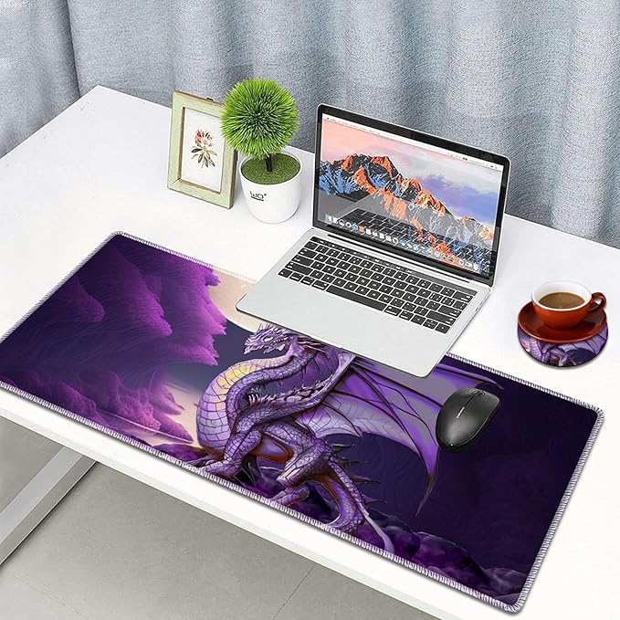 Large Gaming Mouse Pad Plus a Coasters + Cable Clips, Purple Dragon Extended Mousepad (31.5 x 11.8) with Stitched Edge, Foldable Computer Keyboard Desktop Mouse Mat for Home Office