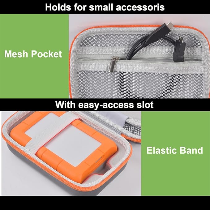 Case for LaCie Rugged Mini 1TB/ 2TB/ 4TB/ 5TB/ Thunderbolt 3.0 2.0 USB-C External Hard Drive Portable HDD, Storage Holder for Hard Drives for Mac and PC Computer & USB Cable SD Cards- Bag Only (Grey)