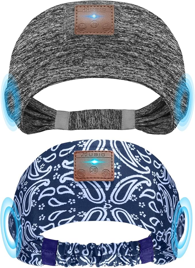 2-Pack Sleeping Headphones, Headband Headphones with Ultra-Thin HD Stereo Speaker, Bluetooth Headband for Sports, Workouts, Insomnia, Yoga, Air Travel, Meditation - Gray&Pattern Blue